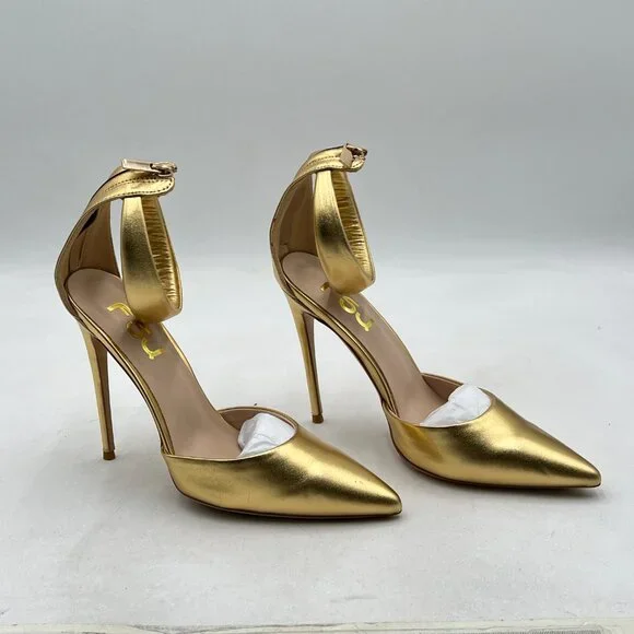 FSJ Gold Pointy Toe Stiletto Heels Evening Ankle Strap Zip Pumps - Picture 4 of 8